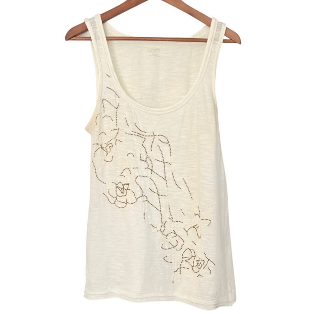 Grandmillennial Coastal Boho White Cotton Tank W/ Bronze Beaded Floral Design S